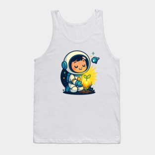 Kawaii Child Astronaut Caring for Plant • Adorable Sci-Fi Nature Design Tank Top