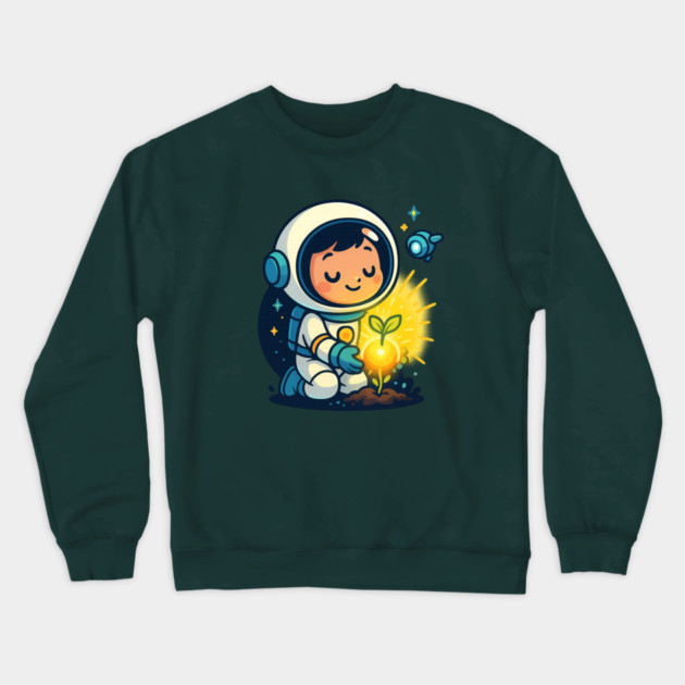 Kawaii Child Astronaut Caring for Plant • Adorable Sci-Fi Nature Design Crewneck Sweatshirt by Anne Lee