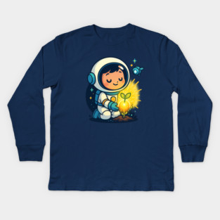 Kawaii Child Astronaut Caring for Plant • Adorable Sci-Fi Nature Design Kids Long Sleeve T-Shirt
