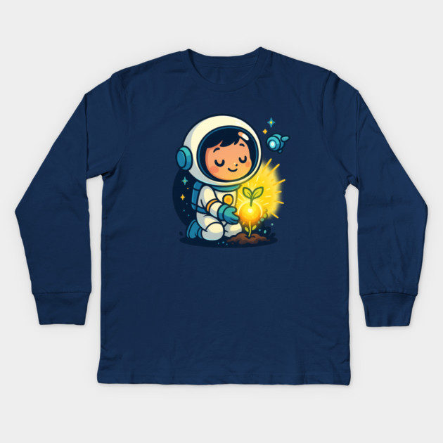Kawaii Child Astronaut Caring for Plant • Adorable Sci-Fi Nature Design Kids Long Sleeve T-Shirt by Anne Lee