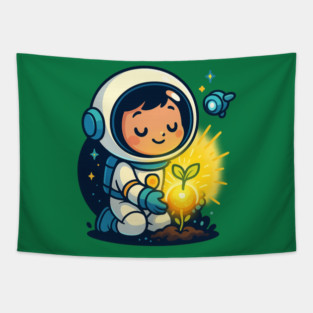 Kawaii Child Astronaut Caring for Plant • Adorable Sci-Fi Nature Design Tapestry
