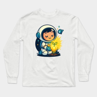 Kawaii Child Astronaut Caring for Plant • Adorable Sci-Fi Nature Design Long Sleeve T-Shirt