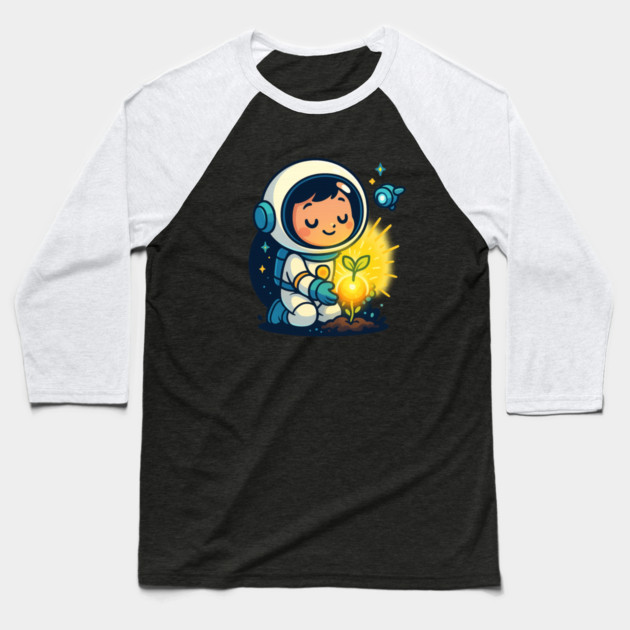 Kawaii Child Astronaut Caring for Plant • Adorable Sci-Fi Nature Design Baseball T-Shirt by Anne Lee