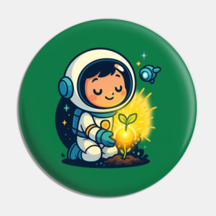 Kawaii Child Astronaut Caring for Plant • Adorable Sci-Fi Nature Design Pin