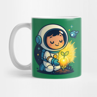 Kawaii Child Astronaut Caring for Plant • Adorable Sci-Fi Nature Design Mug