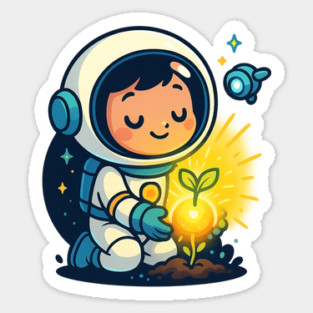 Kawaii Child Astronaut Caring for Plant • Adorable Sci-Fi Nature Design Sticker