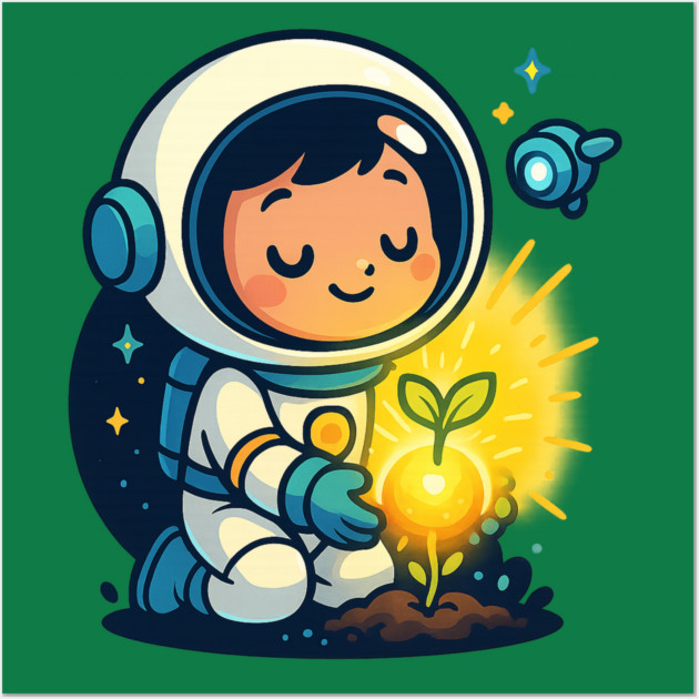 Kawaii Child Astronaut Caring for Plant • Adorable Sci-Fi Nature Design Wall Art by Anne Lee