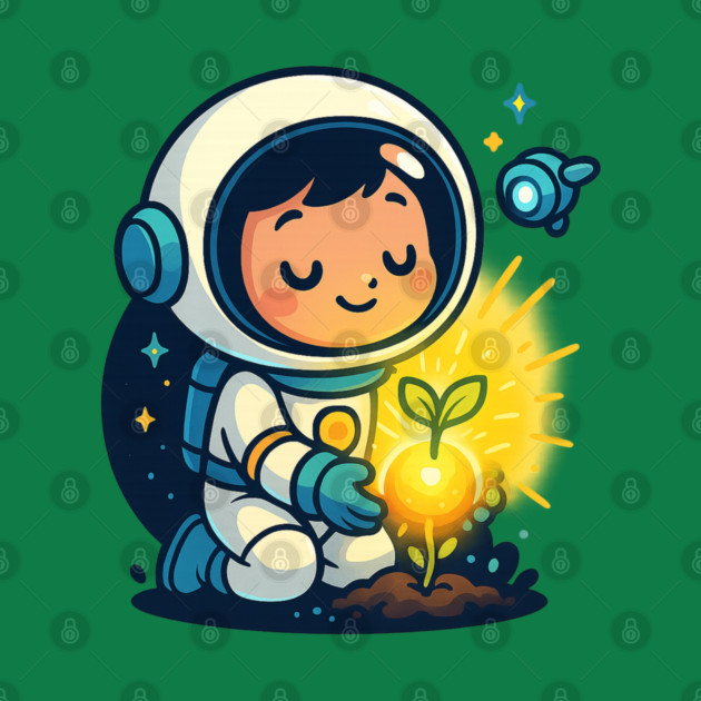 Kawaii Child Astronaut Caring for Plant • Adorable Sci-Fi Nature Design by Anne Lee