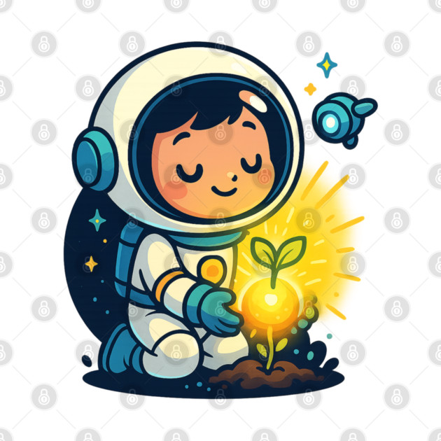 Kawaii Child Astronaut Caring for Plant • Adorable Sci-Fi Nature Design by Anne Lee