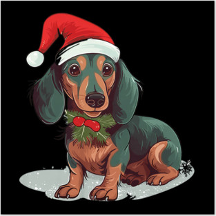 Christmas Dachshund Dogs Santa Hat Pet Weenie Posters and Art
