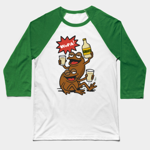 Funny Puerto Rican Coquí Frogs Drinking Coquito Saying WePA! Baseball T-Shirt by creative