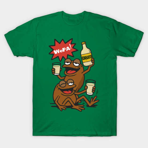 Funny Puerto Rican Coquí Frogs Drinking Coquito Saying WePA! T-Shirt by creative