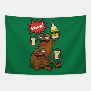 Funny Puerto Rican Coquí Frogs Drinking Coquito Saying WePA! Tapestry