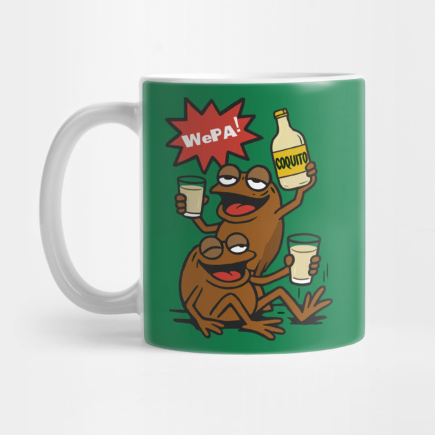 Funny Puerto Rican Coquí Frogs Drinking Coquito Saying WePA! by creative