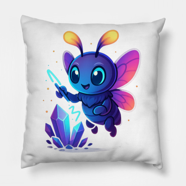 Cute Magical Bug with Glowing Crystals • Whimsical Fantasy Art Pillow by Anne Lee