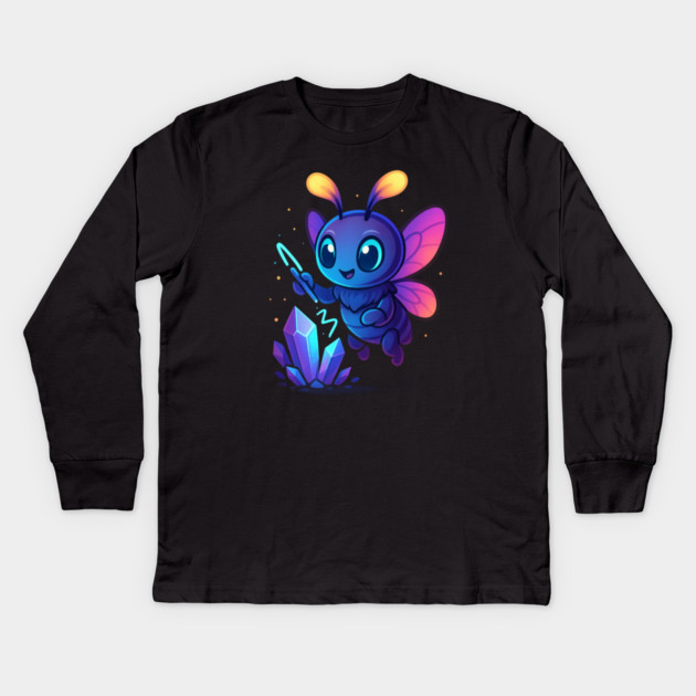 Cute Magical Bug with Glowing Crystals • Whimsical Fantasy Art Kids Long Sleeve T-Shirt by Anne Lee