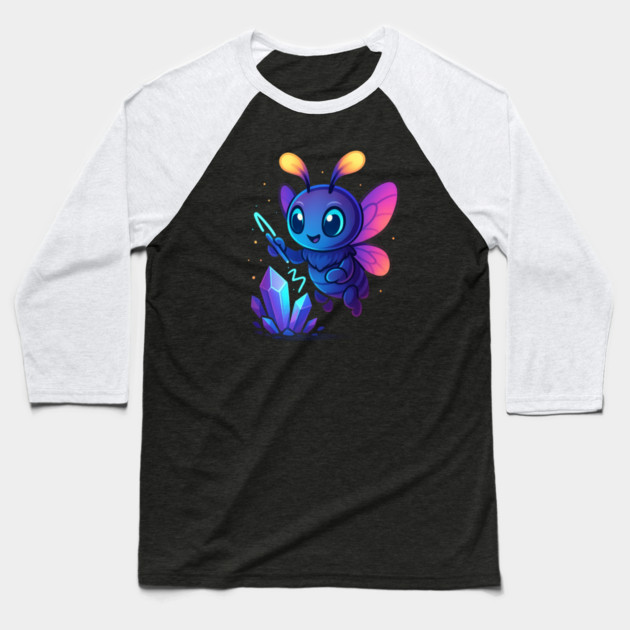 Cute Magical Bug with Glowing Crystals • Whimsical Fantasy Art Baseball T-Shirt by Anne Lee