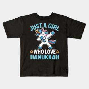 Just a Girl Who Loves Hanukkah Jewish Chanukah Unicorn Dabbi Kids T-Shirt