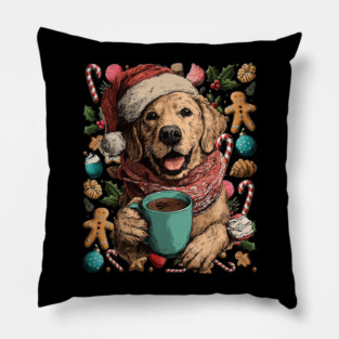 Christmas Golden Retriever Dog with Santa Hat Cocoa Cookies Pillow