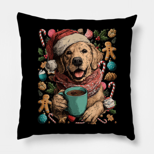 Christmas Golden Retriever Dog with Santa Hat Cocoa Cookies Pillow by yangho