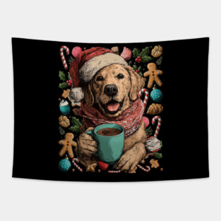 Christmas Golden Retriever Dog with Santa Hat Cocoa Cookies Tapestry