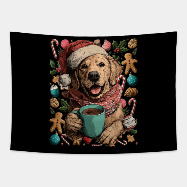 Christmas Golden Retriever Dog with Santa Hat Cocoa Cookies Tapestry by yangho