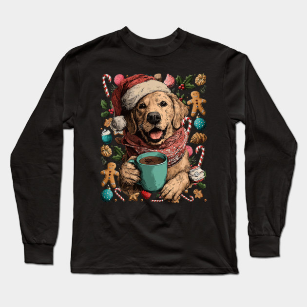 Christmas Golden Retriever Dog with Santa Hat Cocoa Cookies Long Sleeve T-Shirt by yangho
