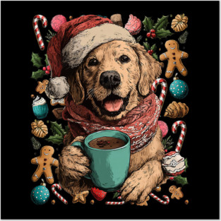 Christmas Golden Retriever Dog with Santa Hat Cocoa Cookies Posters and Art