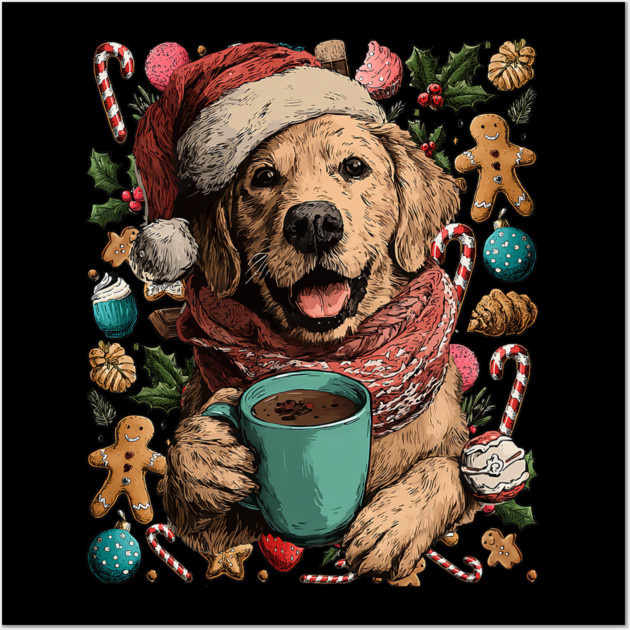 Christmas Golden Retriever Dog with Santa Hat Cocoa Cookies Wall Art by yangho
