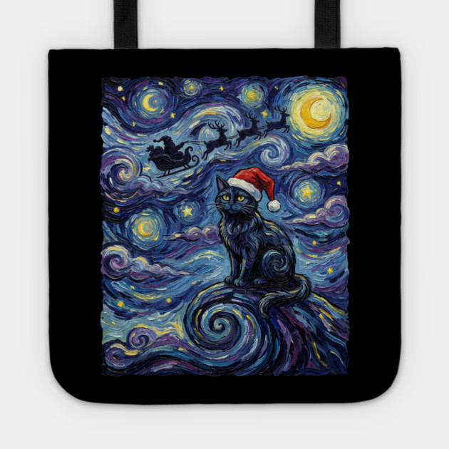 Starry Night Christmas Cat Tote by Creatifly Graphic Tees