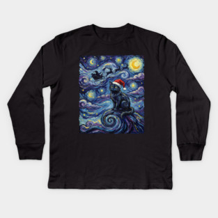 Starry Night Christmas Cat Kids Long Sleeve T-Shirt