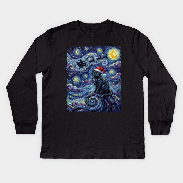 Starry Night Christmas Cat Kids Long Sleeve T-Shirt by Creatifly Graphic Tees