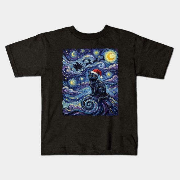 Starry Night Christmas Cat Kids T-Shirt by Creatifly Graphic Tees