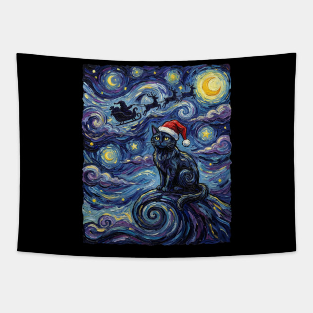 Starry Night Christmas Cat Tapestry by Creatifly Graphic Tees