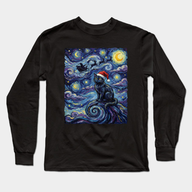 Starry Night Christmas Cat Long Sleeve T-Shirt by Creatifly Graphic Tees