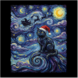 Starry Night Christmas Cat Posters and Art