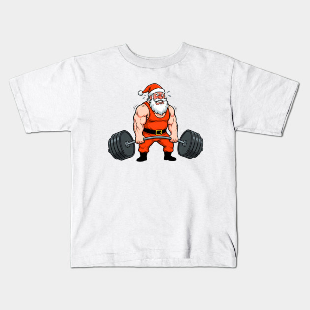Muscle Santa Lifting Weights Kids T-Shirt by Creatifly Graphic Tees