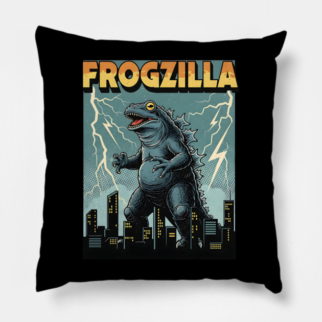 Frogzilla Retro Kaiju Monster Pillow by Designed By Marty