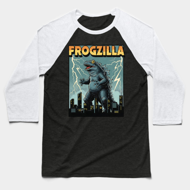 Frogzilla Retro Kaiju Monster Baseball T-Shirt by Designed By Marty
