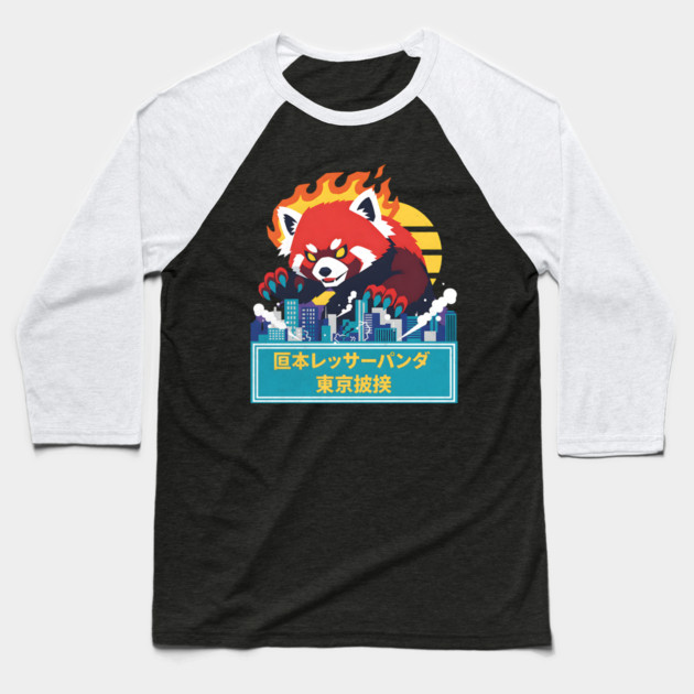 Red Panda Kaiju Tokyo Rampage Art Baseball T-Shirt by Designed By Marty