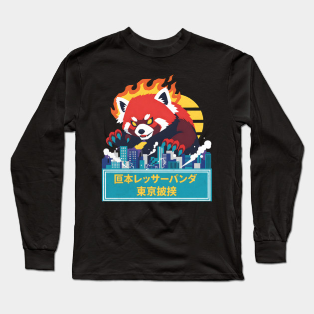Red Panda Kaiju Tokyo Rampage Art Long Sleeve T-Shirt by Designed By Marty