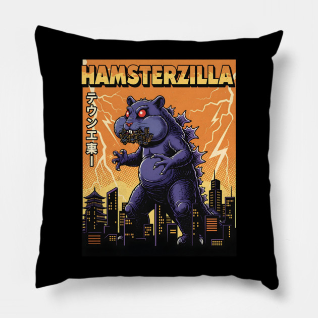 Hamsterzilla Kaiju Pets Retro Poster Pillow by Designed By Marty