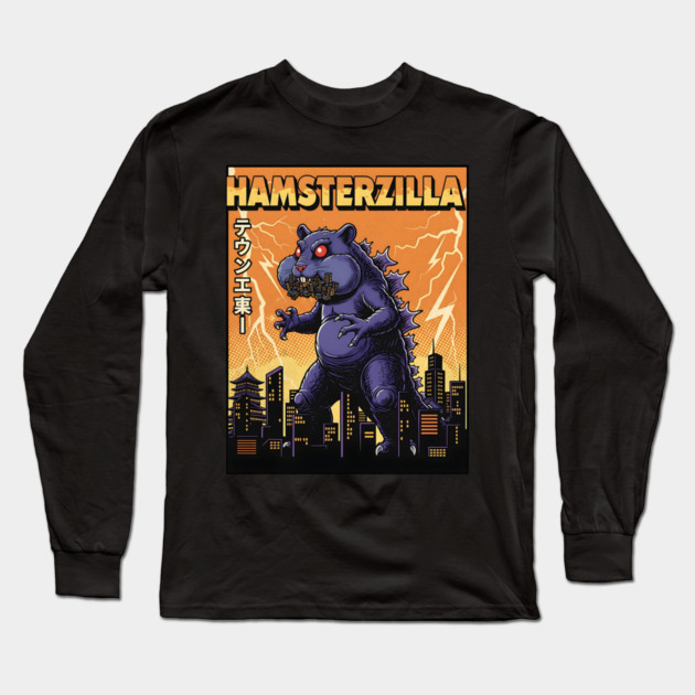 Hamsterzilla Kaiju Pets Retro Poster Long Sleeve T-Shirt by Designed By Marty