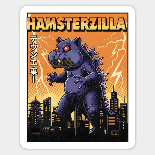 Hamsterzilla Kaiju Pets Retro Poster Sticker by Designed By Marty