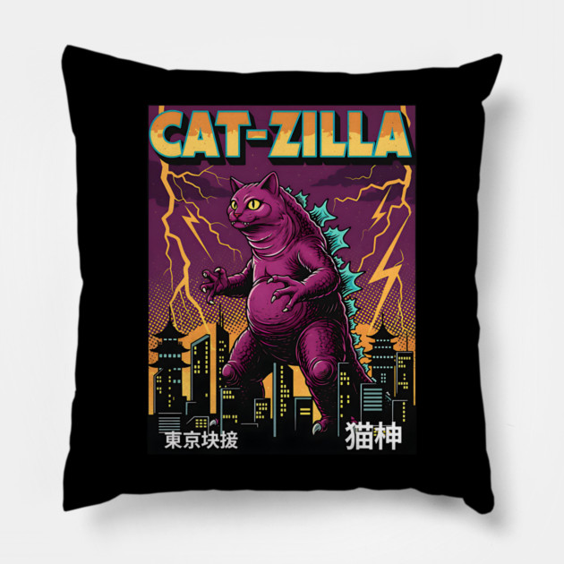 Cat-zilla Kaiju Pets Retro Poster Pillow by Designed By Marty