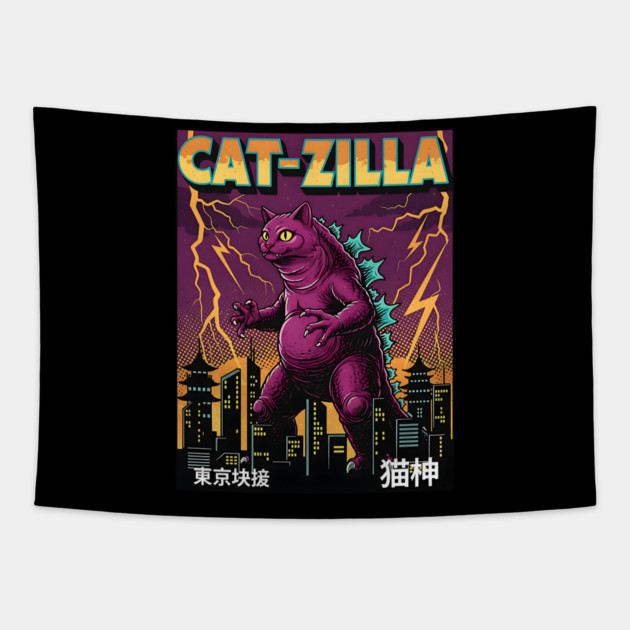 Cat-zilla Kaiju Pets Retro Poster Tapestry by Designed By Marty