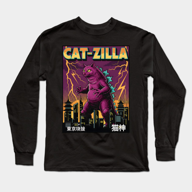 Cat-zilla Kaiju Pets Retro Poster Long Sleeve T-Shirt by Designed By Marty