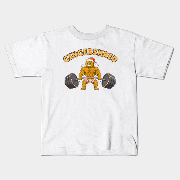 Gingershred - Christmas Gym Buff Gingerbread Lifting Weights Kids T-Shirt by Creatifly Graphic Tees