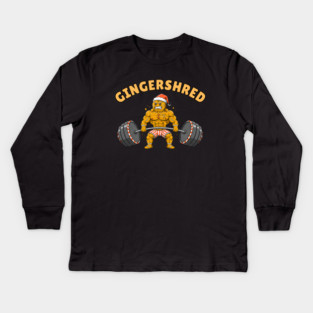 Gingershred - Christmas Gym Buff Gingerbread Lifting Weights Kids Long Sleeve T-Shirt