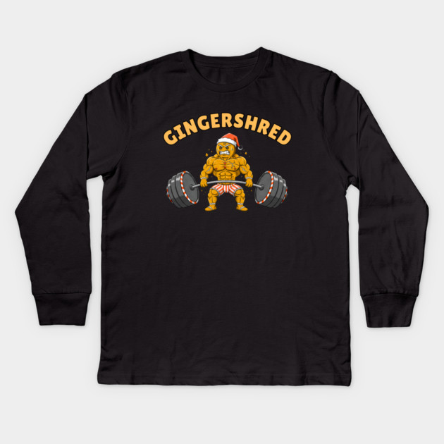 Gingershred - Christmas Gym Buff Gingerbread Lifting Weights Kids Long Sleeve T-Shirt by Creatifly Graphic Tees